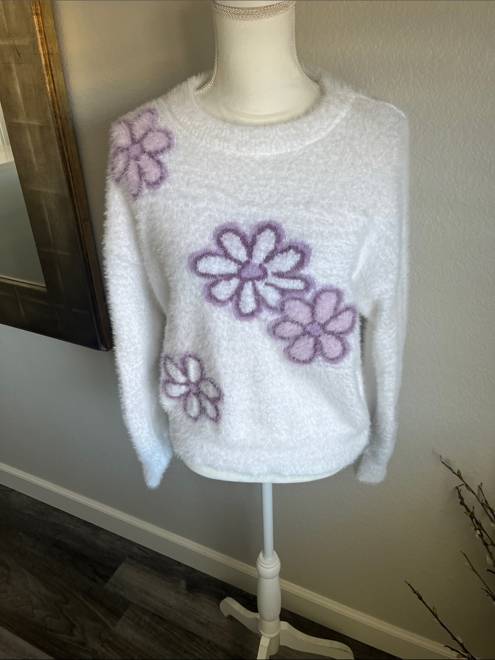 Hooked Up by IOT White Fuzzy Sweater with Lilac Floral Appliqués